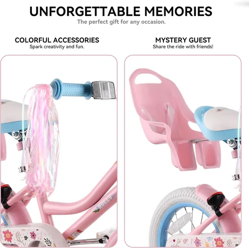 Vista 5 de RULLY 12 14 16 Inch Girls Bike for 2-7 Year Olds, Daisy Kids Bicycle with Training Wheels, Basket & Doll Seat, Retro Toddler Bike with Coaster