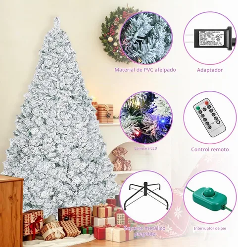 Vista 5 de Árbol de Navidad flocado de 6.5 pies, 330 luces LED blanco cálido y multicolor, 983 puntas de ramas de PVC, control remoto, pedal de pie, 10 modos