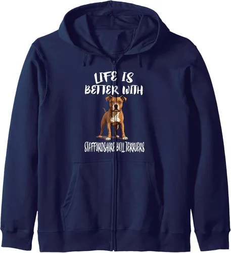 Vista 6 de La vida es mejor con la sudadera con capucha Staffordshire Bull Terriers Dogs Zip, Negro