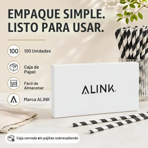 Vista 9 de ALINK 100 Black Striped Paper Straws, 7.75 in Black and White Straws Rayas negras