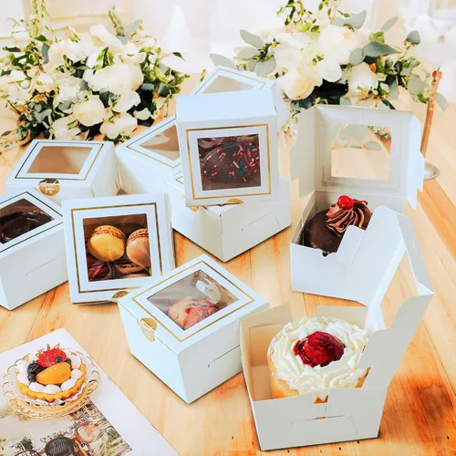 Vista 6 de Cajas de panadería blancas con ventana (30 unidades) de 4 x 4 x 2.5 pulgadas, pequeñas 4 pulgadas para tartas, galletas, macarrones, postres