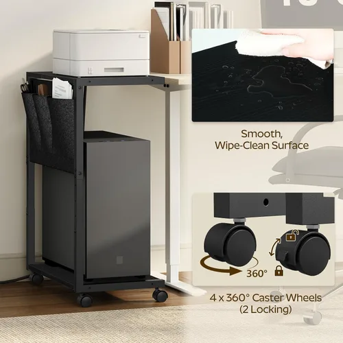 Vista 6 de YATINEY - Soporte de torre para computadora con estación de carga, soporte de torre de PC ajustable en altura para piso, carrito de computadora de 2