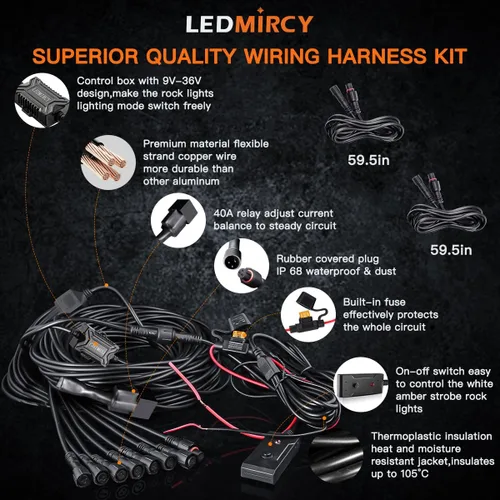 Vista 5 de LEDMIRCY Switchback Kit de Luces LED para Rocas Blanco/Ámbar Estroboscópicas con Arnés de Cableado 8 Módulos 6 Modos Función de Reinicio Función