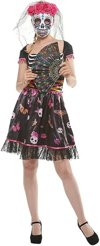 Vista 7 de FantastCostumes Disfraz del Día de los Muertos para mujer, disfraz de calavera de azúcar con velo de rosa