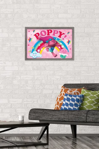 Vista 2 de Trends International Trolls - Póster de pared de amapola, 22.4 pulgadas de largo x 14.7 pulgadas, versión enmarcada en madera de granero Versión