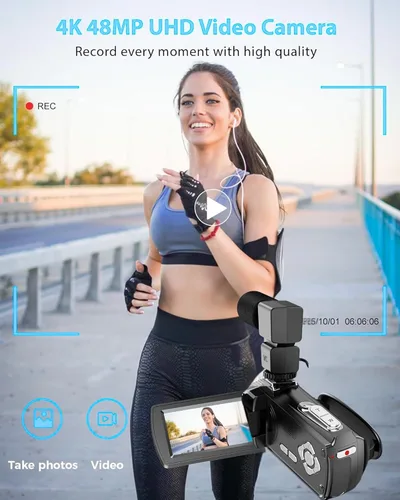 Vista 2 de Videocámara 4K 48MP con visión nocturna IR, cámara de vlogging con pantalla táctil abatible de 3.0 pulgadas para YouTube, zoom digital 18X, 2