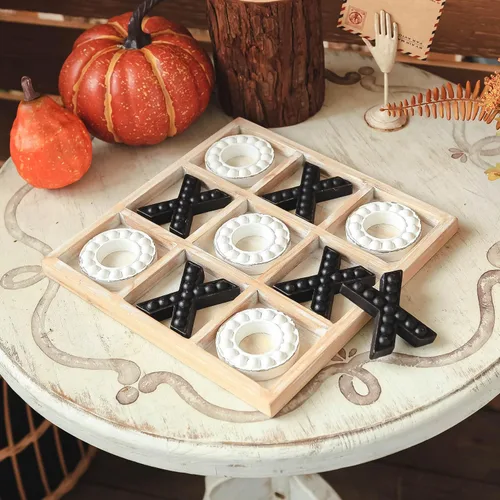 Vista 2 de NIKKY HOME Juego de mesa Tic Tac Toe para decoración de mesa de centro, tablero de madera rústico de 10.6 pulgadas, negro y blanco