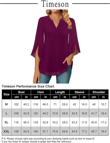 Vista 7 de Timeson Blusa de gasa de manga 34 para mujer, cuello en V, túnica elegante
