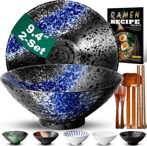Vista 8 de Juego de 2 cuencos de cerámica para ramen de 8 pulgadas (9 piezas) – Tazones grandes de porcelana japonesa para ensalada, fideos, cereales, frutas