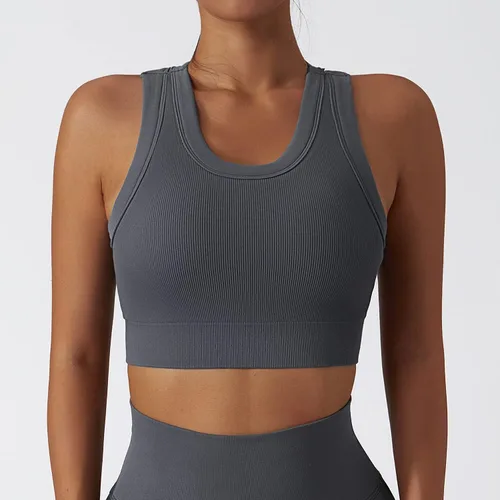Vista 67 de Conjuntos de entrenamiento para mujer, 2 piezas, sin costuras, acanalada, sin mangas, brasier deportivo, cintura alta, pantalones cortos