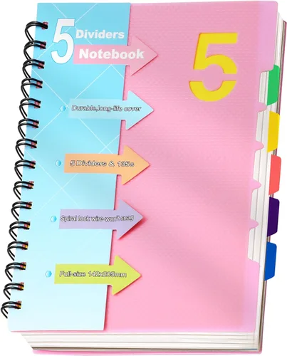 Vista 14 de CAGIE Cuaderno de 5 materias 8.5 x 11, cuadernos en espiral A4 con rayas universitarias, cuaderno en espiral con divisores y pestañas, 220 páginas