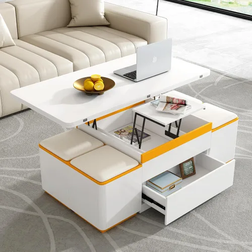 Vista 3 de Mesa auxiliar elevable con 4 taburetes de almacenamiento, moderna mesa central de ahorro de espacio con parte superior plegable, mesa de centro