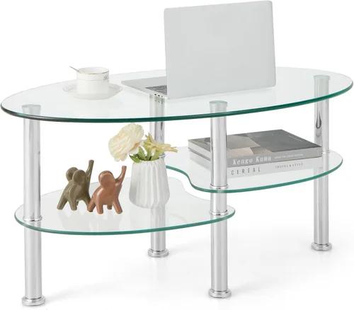 Vista 9 de Giantex Mesa de centro ovalada de vidrio templado transparente de 3 niveles con patas cromadas resistentes, mesa auxiliar de sofá pequeña, mesa