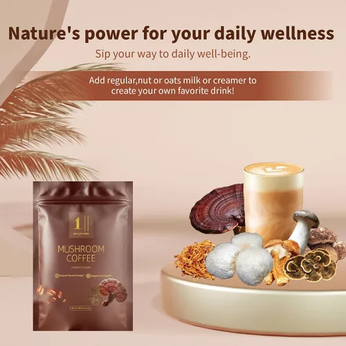 Vista 7 de Café de hongos (30 porciones) Café instantáneo de tostado medio, 10 hongos adaptogénicos con colágeno alimentado con hierba, chaga, cordyceps
