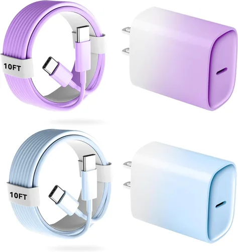 Vista 24 de Cargador para teléfono 17, 16, 15 Pro, carga rápida, 20 W, USB C, bloque de carga rápida con cargadores tipo C de 6.6 pies de largo, cable de carga