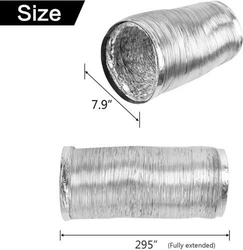 Vista 2 de Manguera de ventilación de secadora flexible de 8 pulgadas, conductos de aluminio de 25 pies de largo con 2 abrazaderas de conducto, protección