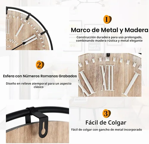 Vista 3 de Reloj de pared grande de granja, reloj de pared de madera rústica de 24 pulgadas decorativo con círculo de metal y números grabados, funciona