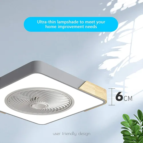 Vista 6 de Ventilador de techo con luz y control remoto, aspas invisibles silenciosas, lámpara de techo moderna regulable para dormitorio, sala de estar, gris