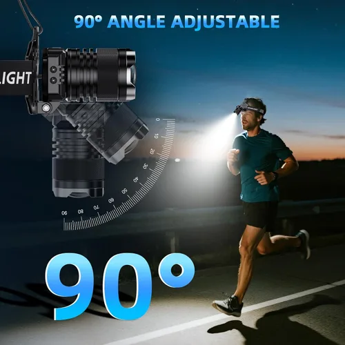 Vista 4 de Linterna frontal súper brillante recargable: luz LED para cabeza, 99000LM Zoom Head Lamp y luz trasera roja, linterna impermeable con 6 clips