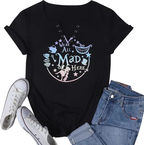 Vista 6 de ASTANFY - Camiseta para mujer "We're All Mad Here", con estampado mágico, lindas camisetas gráficas, tops casuales de manga corta para vacaciones