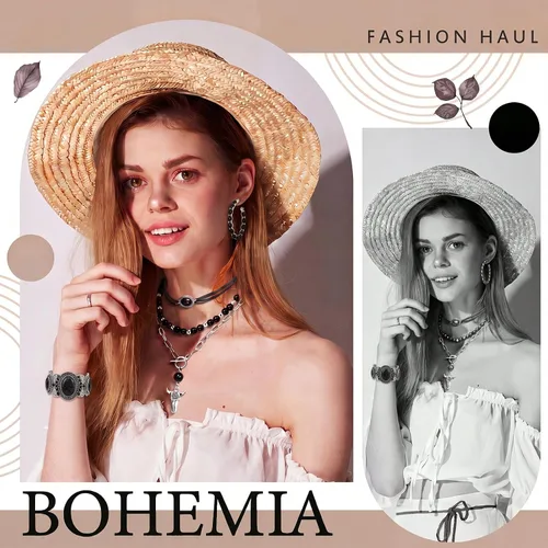 Vista 5 de 3 piezas de joyería boho occidental para mujer, conjunto de joyas de turquesa, aretes vintage, pulsera, collar bohemio occidental para mujer Negro