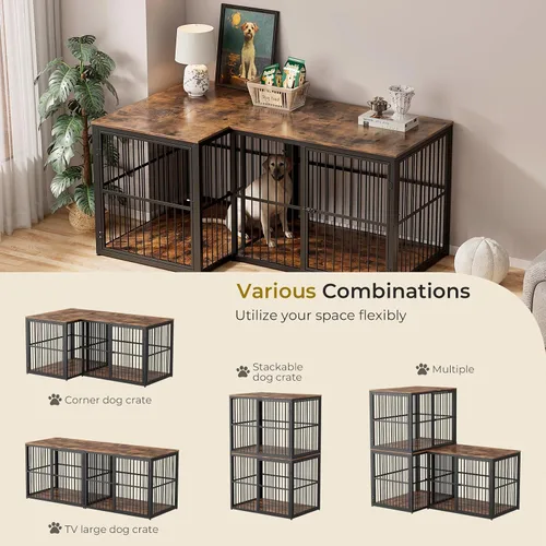 Vista 2 de Jaula para Perros XL de 43'' con Mueble y 3 Puertas, Jaula de Madera Combinada para Mascotas, Perrera de Interior Resistente para Perros Medianos a