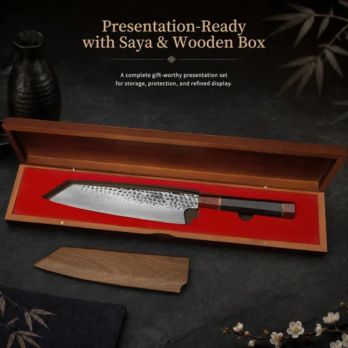 Vista 10 de FINDKING Cuchillo Kiritsuke Serie Prestige con Funda de Nogal, Hoja de Acero Damasco VG10 Japonés, Mango Octagonal de Madera de Ébano, Cuchillo