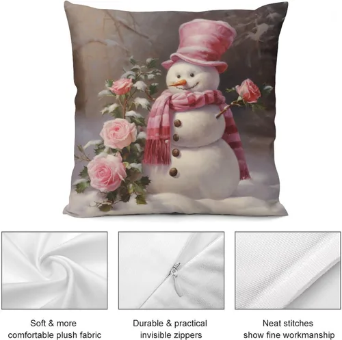 Vista 6 de Funda de cojín de muñeco de nieve con rosas rosadas, bufanda y sombrero, funda de almohada para cama, decoración moderna para sofá, dormitorio, sala