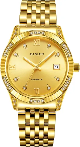 Vista 33 de BINLUN Reloj de pulsera para hombre, mecánico automático, reloj dorado con cuerda automática, elegante, chapado en oro de 18 quilates, relojes
