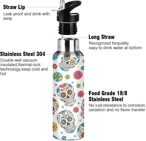 Vista 3 de BPA-Free Sport Water Bottle 32 Oz, Insulated Stainless Steel Water Bottle with Straw for Gym Outdoor Travel School, Colorful Skulls Floral