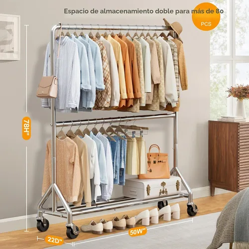 Vista 3 de AOODA Perchero de ropa resistente de 50 pulgadas de ancho para colgar ropa, perchero industrial de doble barra con ruedas, perchero resistente