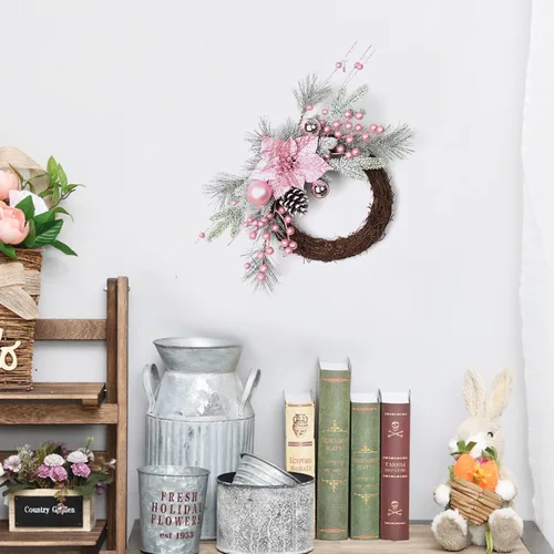 Vista 6 de Corona de Navidad con adornos de bolas para decoración de puerta delantera (corona rosa, 17.7 in)