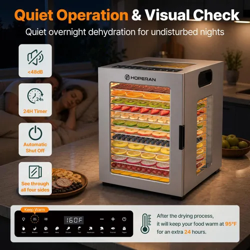 Vista 4 de HOPERAN 14-Tray Food Dehydrator with 10 Presets, Stainless Steel, 840W Silver-14 Trays