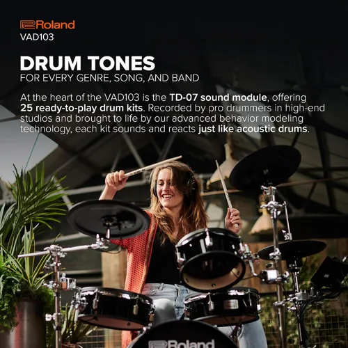 Vista 4 de Roland VAD103 V-Drums Kit de batería de diseño acústico electrónico de 4 piezas con carcasas de poca profundidad Shallow Wood Shells, Double-Ply
