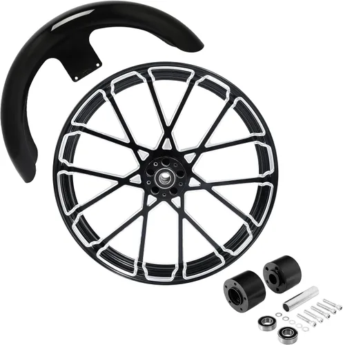 Vista 56 de TCMT Llanta de rueda delantera de 21", buje de rueda de brida de doble disco con guardabarros delantero negro sin pintar, compatible con modelos