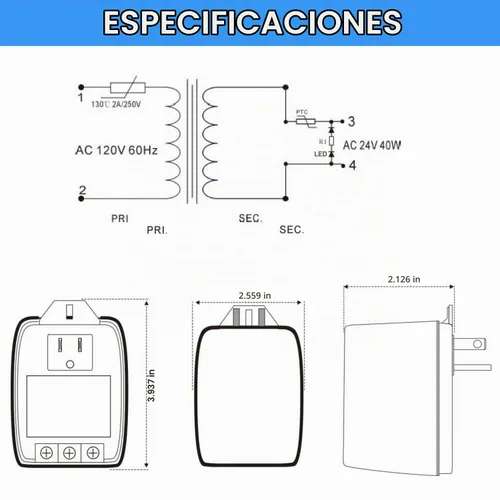 Vista 5 de Transformador enchufable de 24 V 40 VA, con certificación UL