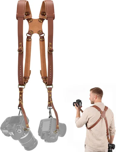 Vista 9 de Jumyee Double Camera Strap for 2 Cameras, Adjustable Dual Camera Harness Shoulder Leather Camera Strap for DSLR/SLR Negro
