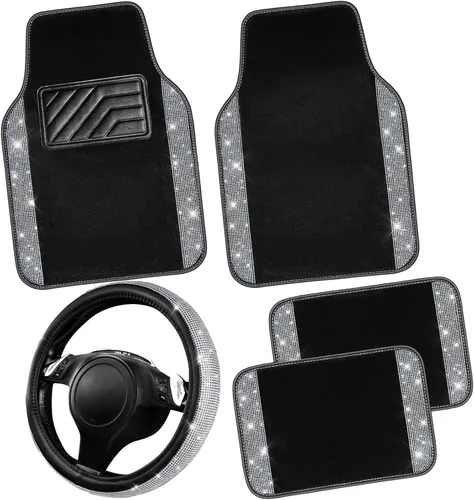 Vista 9 de CAR PASS - Funda de volante de cuero con diamantes brillantes, tapetes de piso de 36.8 cm a 38.1 cm con diamantes de imitación brillantes, alfombra
