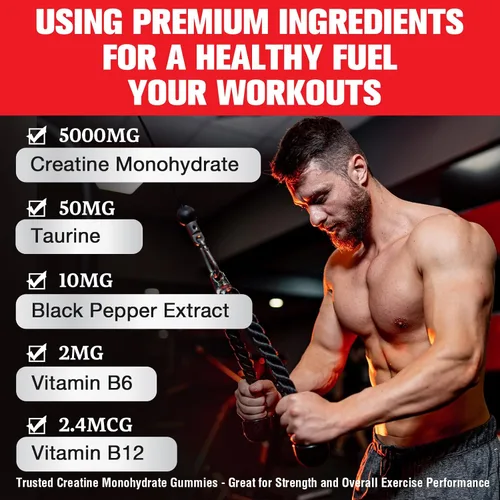 Vista 4 de Gomitas de monohidrato de creatina para hombres y mujeres, gomitas de creatina preentrenamiento con taurina y vitamina B6 B12 para máxima fuerza