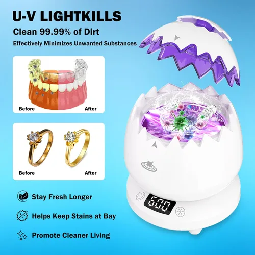 Vista 5 de Limpiador ultrasónico de retenedores para dentaduras, cápsula de limpieza dental de 45 kHz con temporizador digital, 3 modos, limpiador ultrasónico
