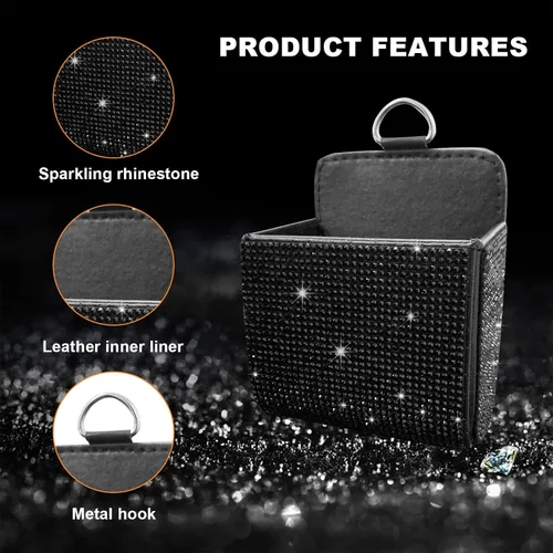 Vista 3 de Dickno Organizador de Coche, Bolsillo de Cuero con Diamantes de Imitación para Rejilla de Ventilación, Caja Automotriz Brillante con Gancho, Soporte