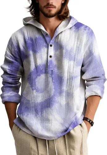 Vista 19 de Camisas de manga larga con estampado de teñido anudado para hombre, sudadera con capucha de 3 botones, sudadera retro cómoda con capucha