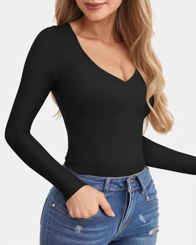 Vista 2 de CLOZOZ V Neck Tops Sexy Shirts for Women Fitted Tight T Shirts Basic Tee