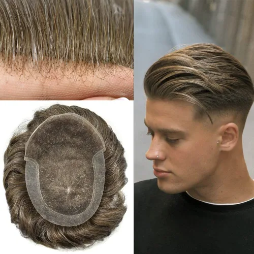 Vista 13 de Toupee para hombres sistemas de reemplazo de piel sintética con encaje suizo para hombre, nudos blanqueados, línea capilar natural para hombres