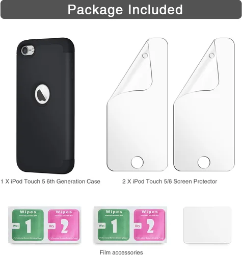 Vista 6 de Funda para iPod Touch de 7ª generación con 2 protectores de pantalla, serie de tres capas, protección resistente, a prueba de golpes, funda Negro