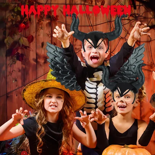 Vista 6 de FUXHBFB Disfraz de maléfica para niños, alas de ángel y halo para niños y niñas, alas de ángel para adultos, niños, plumas, alas de ángel blancas