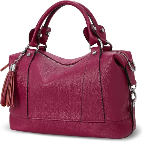 Vista 13 de Heshe Bolsos de hombro de cuero genuino para mujer, bolsos satchel, bolsos bandolera de cuero real para damas Beige