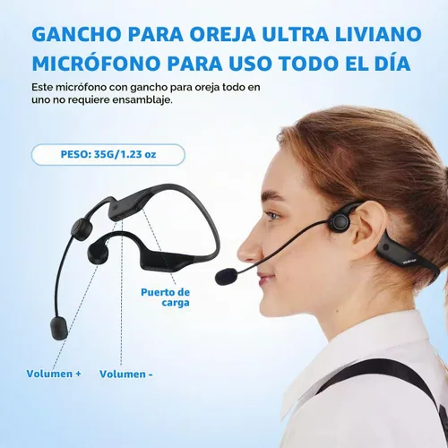 Vista 3 de Mini amplificador de voz Bluetooth portátil de 15 W con micrófono inalámbrico para el oído A007 Hands-free Microphone, 15H Battery & Belt Clip for