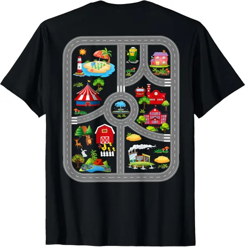 Vista 2 de Play Cars On Dad's Back Mat Road Car Race Track Camiseta, Negro