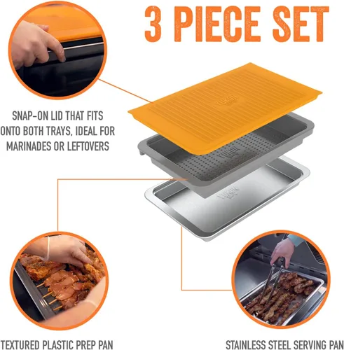Vista 2 de Yukon Glory Prep 'N Serve - Juego de bandeja para preparar y servir BBQ con tapa + Plato para servir de acero inoxidable - Apilable, apto